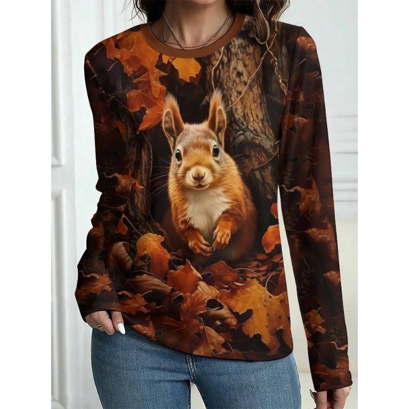 Autumn Women's 3D Squirrel Print Crew Neck T-Shirt