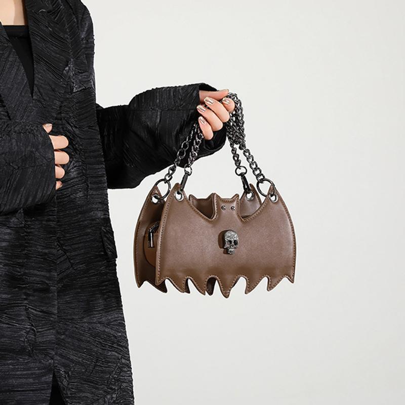 Gothic Style Bat & Skull PU Leather Shoulder Bag Vintage Solid Color Crossbody Bag with Adjustable Chain Strap for Outings, and Everyday Use
