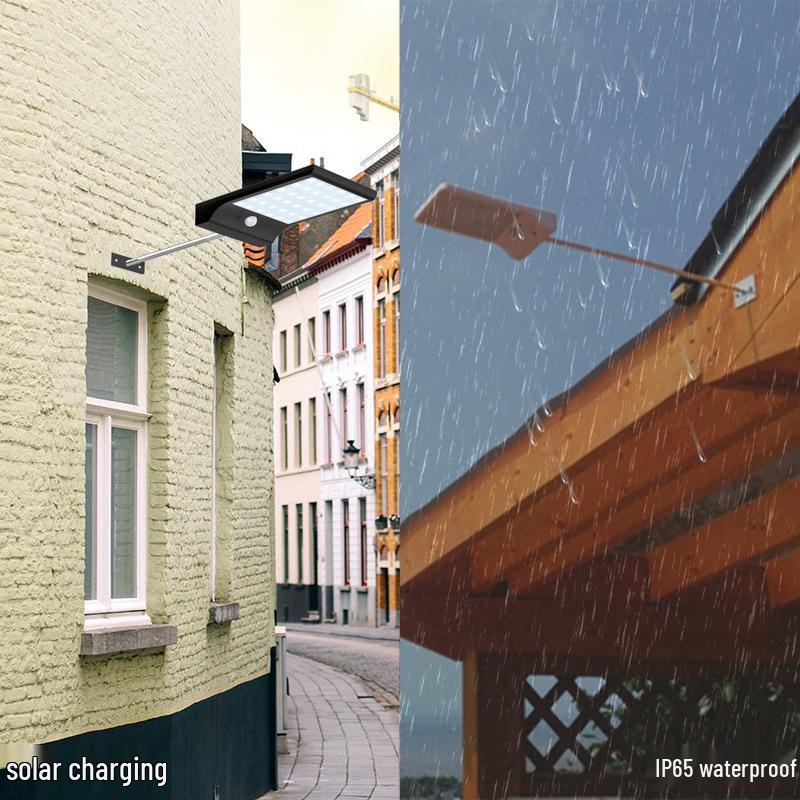 Solar Wall Light, Waterproof Outdoor Garden Lamp, Ultra-thin Black with Pole and Motion Sensor