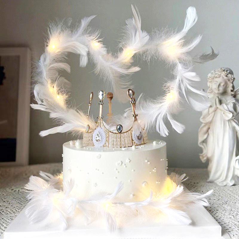 Angel Wings Feather Heart Cake Topper with Wire and Ostrich Feather Strip Decoration