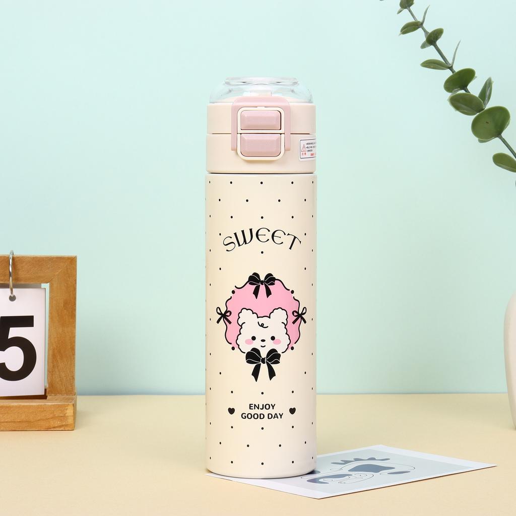 Water Bottle Cute Student Cartoon Thermos Cup Portable School Water Cup Simple Stainless Steel Elastic Cover Double Drinking Straw Cup