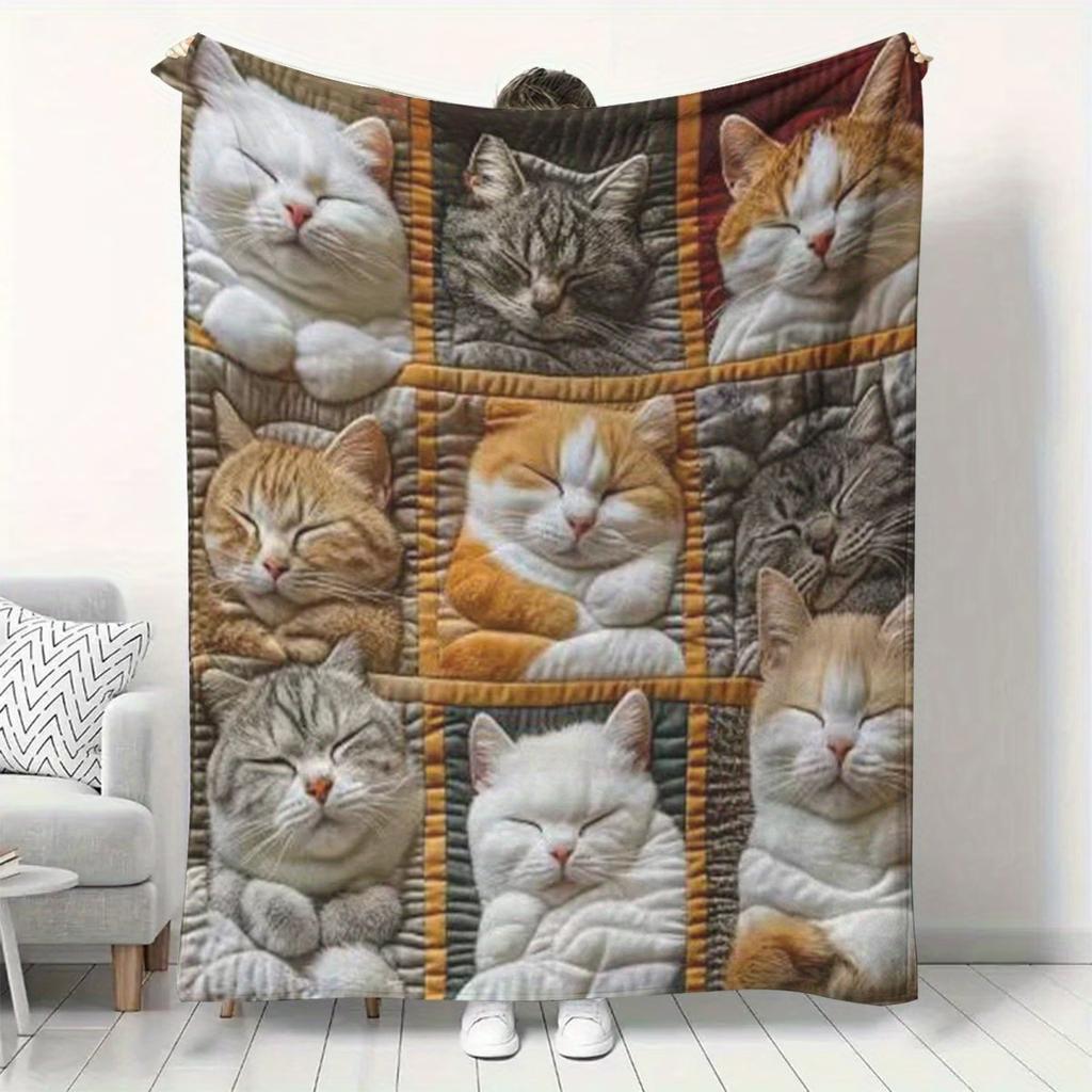 Vintage Patchwork Dinosaur Flat2D Digital Print Flannel Throw Blanket - Soft Warm and Living Room Blanket for Multiple Patchw