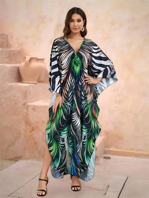2024 Summer Women's Green Printed Loose Beach Dress 2024 Boho Cozy V-Neck Batwing Sleeve Kaftan Swimsuit Bikini Cover-ups Q1588