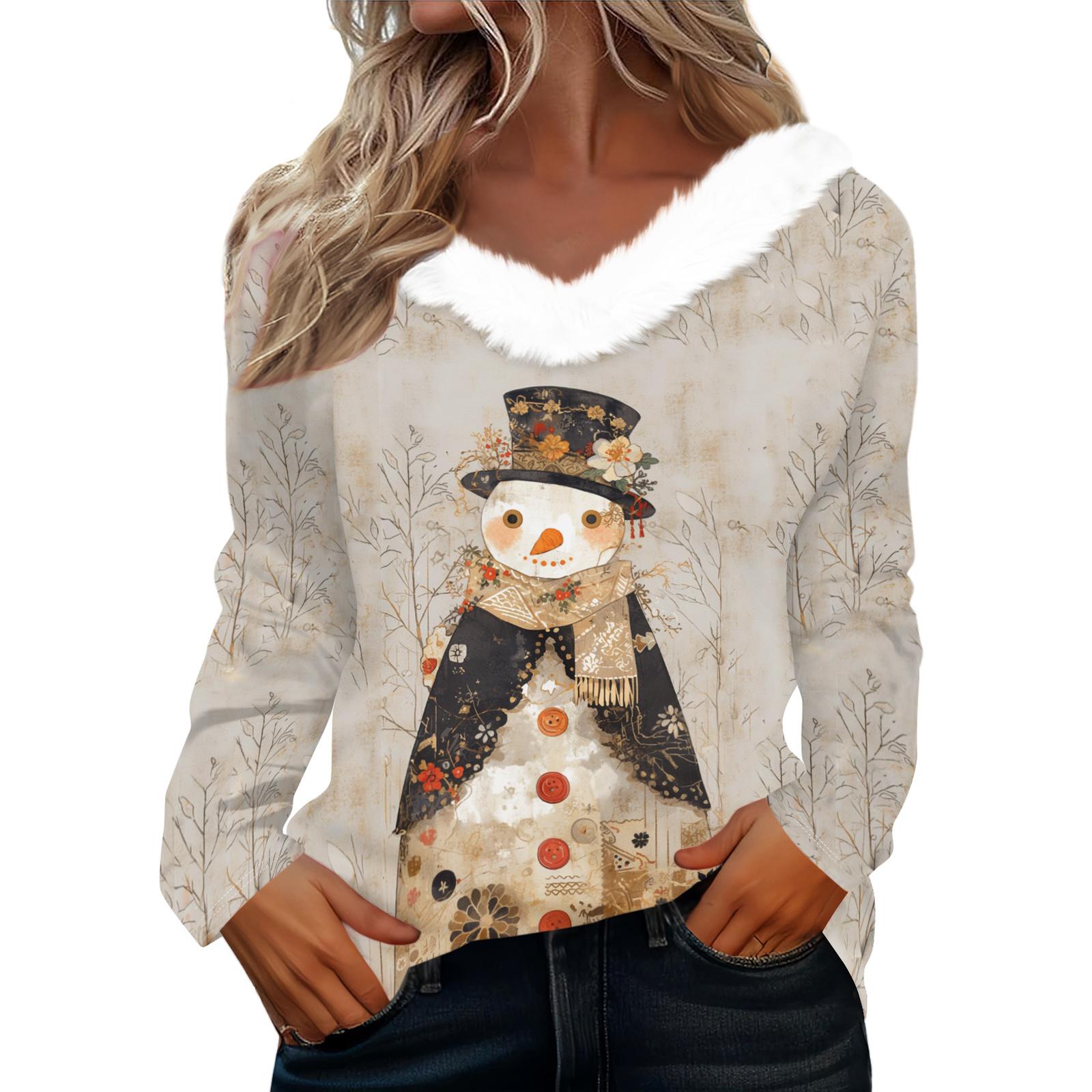 

Рубашки с длинным рукавом для женщин Милые топы Рождественские принты Футболки Блузки Повседневные топы больших размеров Базовые топы Пуловеры L бежевый