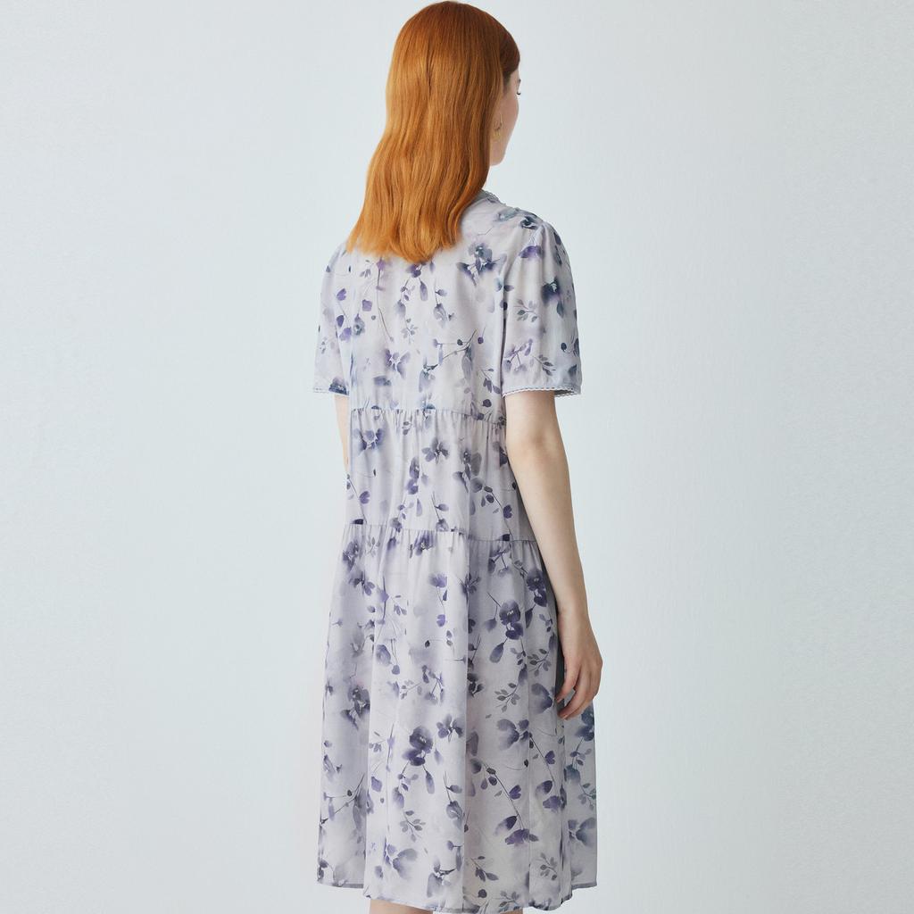 100% mulberry silk: Summer new round neck age reducing floral dress, elegant and slimming silk dress