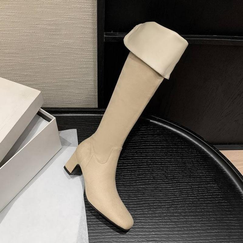 New women's leather boots zipper solid color leather large size women's boots versatile square head beef tendon sole sheepskin high heel knee boots