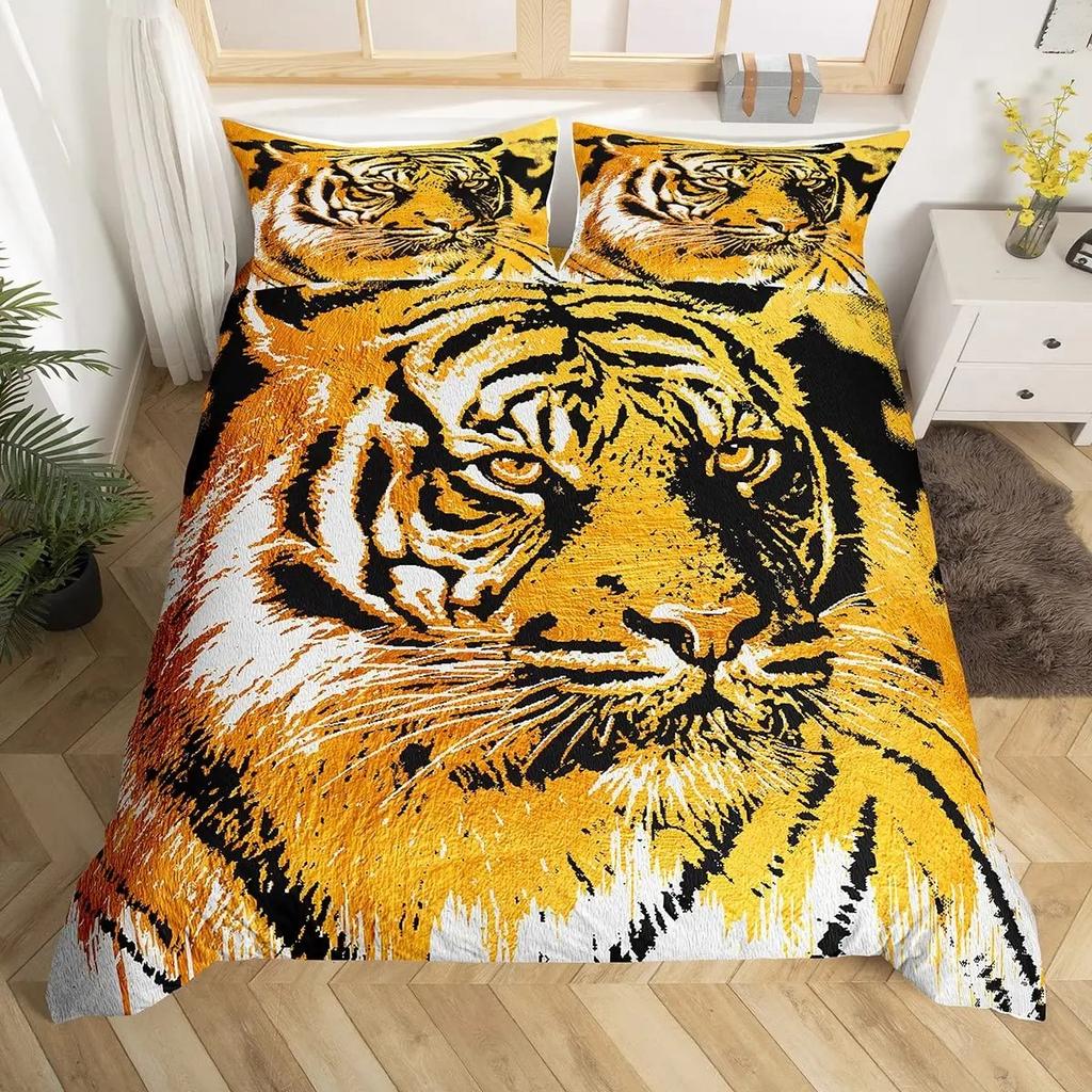 New Tiger Bedding Set Red Rose Flower Africa Big Cat Comforter Cover Set Animal Themed 2-3Pcs Queen Size Duvet Cover Set