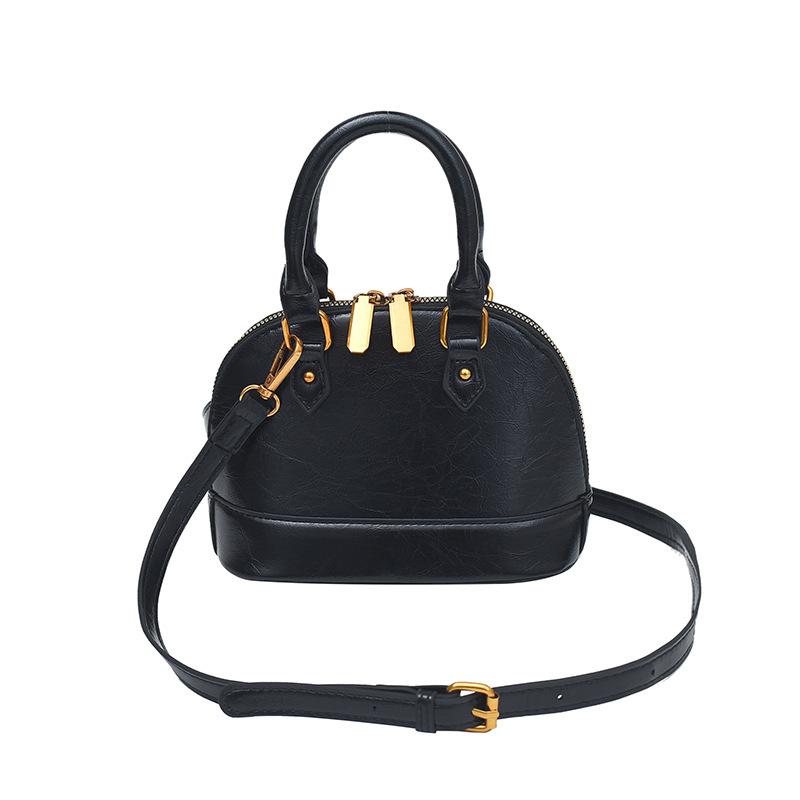 Sweet Mini Bowling Handbag Retro Single Shoulder Bag For Women Color-Block Handheld Vintage Retro Oil Wax Leather Shell Bag