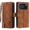 For iPhone 17 Pro Case 9 Card Slots Zipper Wallet PU Leather Phone Cover with Wrist Strap