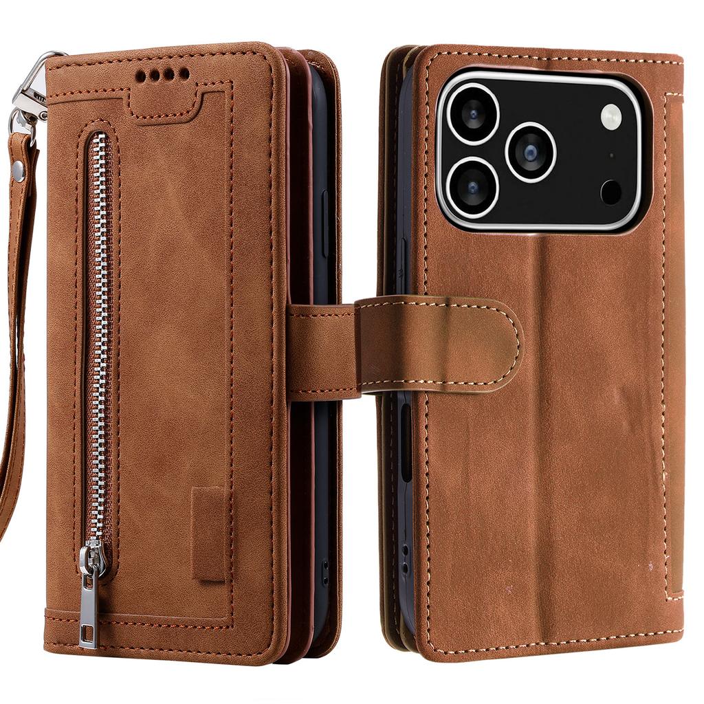 For iPhone 17 Pro Case 9 Card Slots Zipper Wallet PU Leather Phone Cover with Wrist Strap