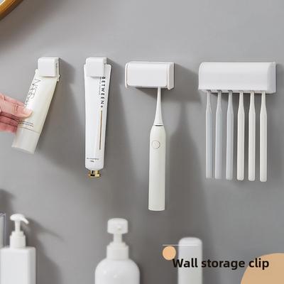 Suporte para Escova de Dentes, Porta-Escova de Dentes Montado na Parede Sem Furar Furos, Porta-Escova de Dentes Multifuncional para Armazenamento no Banheiro, Clipe de Pendurar Branco