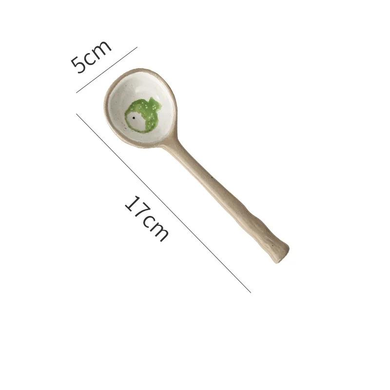 Ceramic Small Soup Spoon Japanese Style Stoneware Spoon Long Handle Spoons Household Cute Creative Spoons Kitchen Tableware