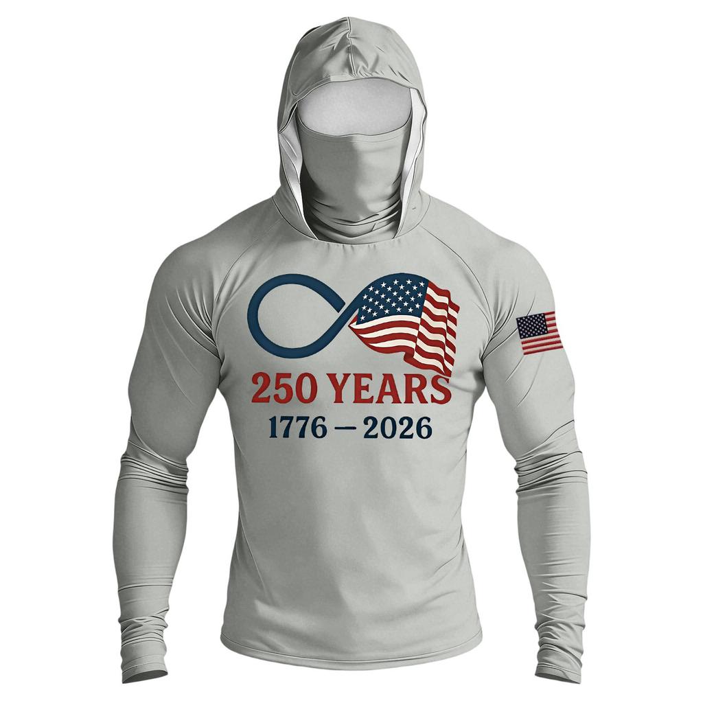 Men's Raglan Sleeve Hooded Long Sleeve Sun Top with Printed Front and Sleeve Design for Outdoor Activities