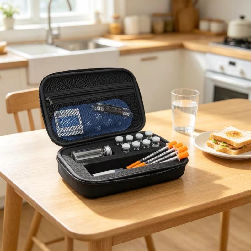 Daily Carry Insulin Supply Storage Case with Hard Shell, Inner Pocket and Insert Layout for Home and Travel Use