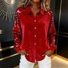 Yousheng Women Sequin Velvet Shirt Long Sleeve Lapel Blouse Casual Glittery Button Down Shirt for Party Date Bar Nightclub