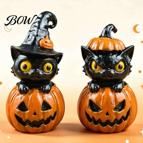 Mehrstöckige Schale Herbstdekorationen Halloween Schwarze Katze & Kürbis Harzornamente, Niedliche Schreibtischfiguren, Kreatives Geschenk für Liebhaber Cartoon Und Statue