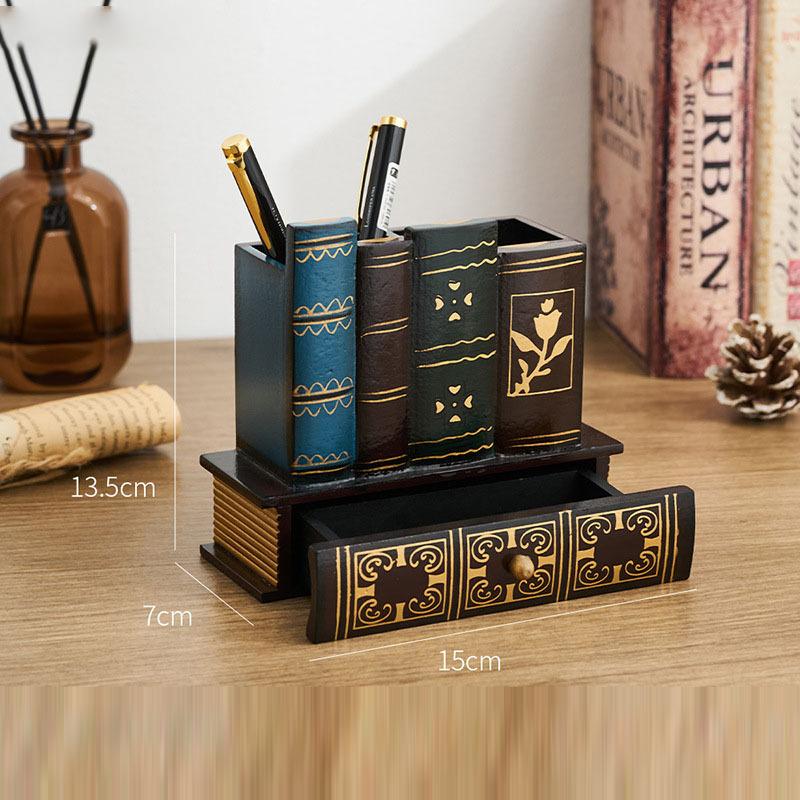 Vintage European Wooden Pen Holder - Creative Desk Organizer and Decorative Storage Box Home Office Organization and Storage