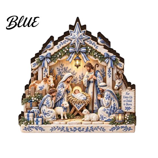 Rustic Farmhouse Christmas Decor Nativity Scene Table Decoration with LED Light 2D Flat Wooden Tabletop Sign Decorations Light Up Tiered Tray