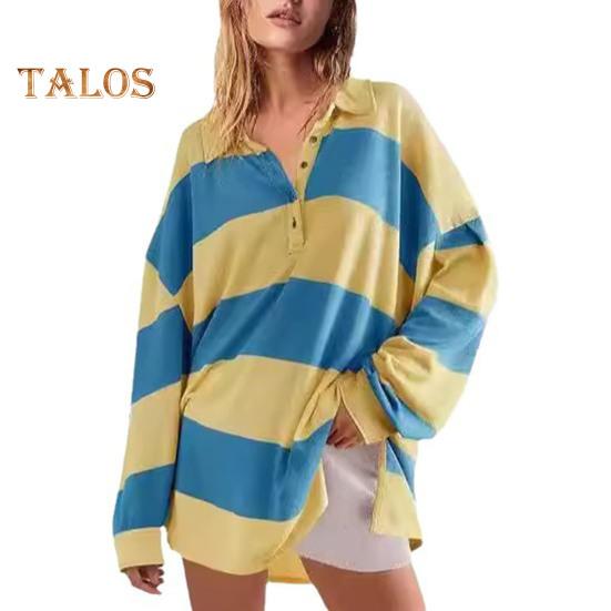 Dammode Färgblockrandig Sweatshirt Nedvikt Krage Lång Ärm Knappar Lös Pullovertopp Casual Hemmakläder Sportkläder