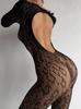 Sexy Leopard Mesh Bodystocking One Piece Crotchless Lingerie Long Sleeve Transparent Jumpsuit Mesh Tights Clubwear For Women