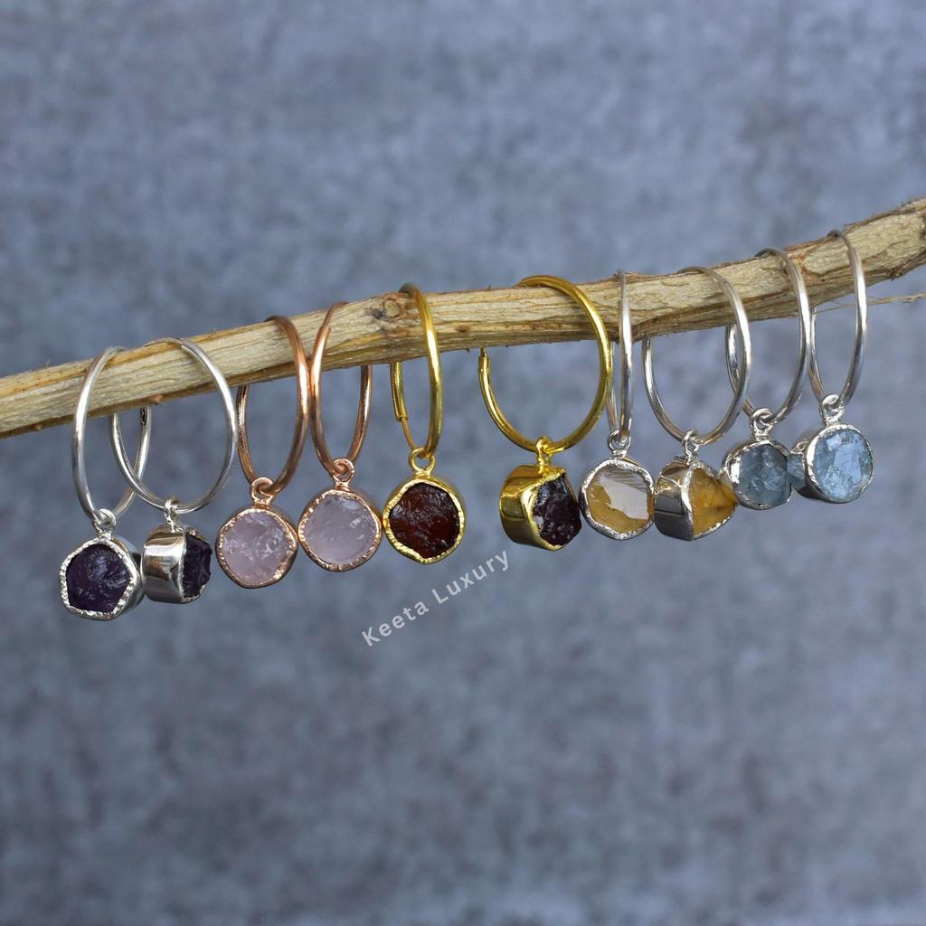 Natural Raw Aquamarine Earrings Raw Gemstone Earrings Healing Crystal Earrings Sterling Silver Small Hoop Earrings Bridesmaid Earrings