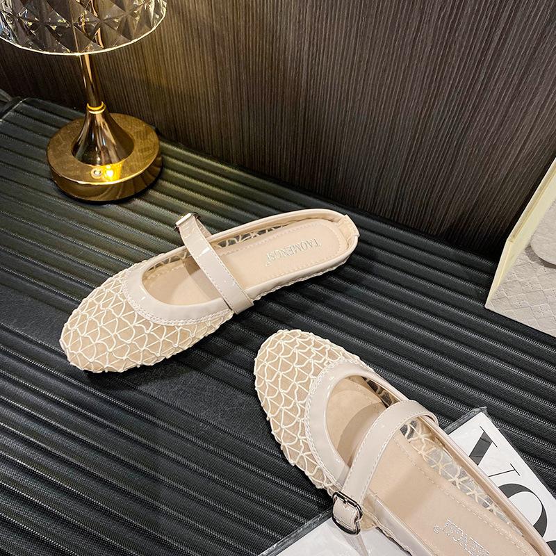 Yixinda breathable mesh shoes flat slippers women's hollow Mary Jane single shoes women's Muller tow summer