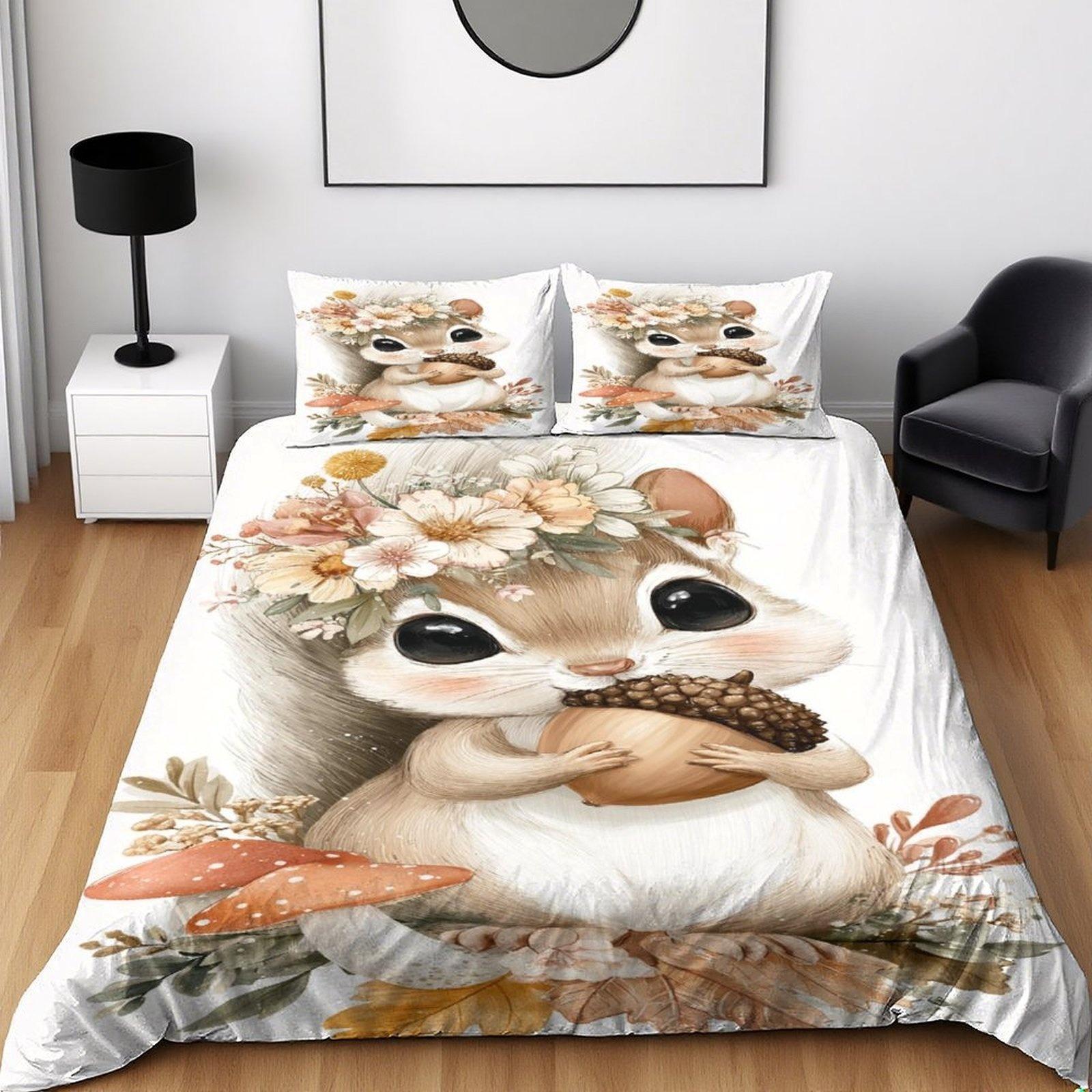 

Cute Squirrel Bedding Set Soft Polyester Duvet Cover Set Quilt Cover With Pillowcase For Bedroom Decor Birthday Gift For Girls EU Single135x200cm