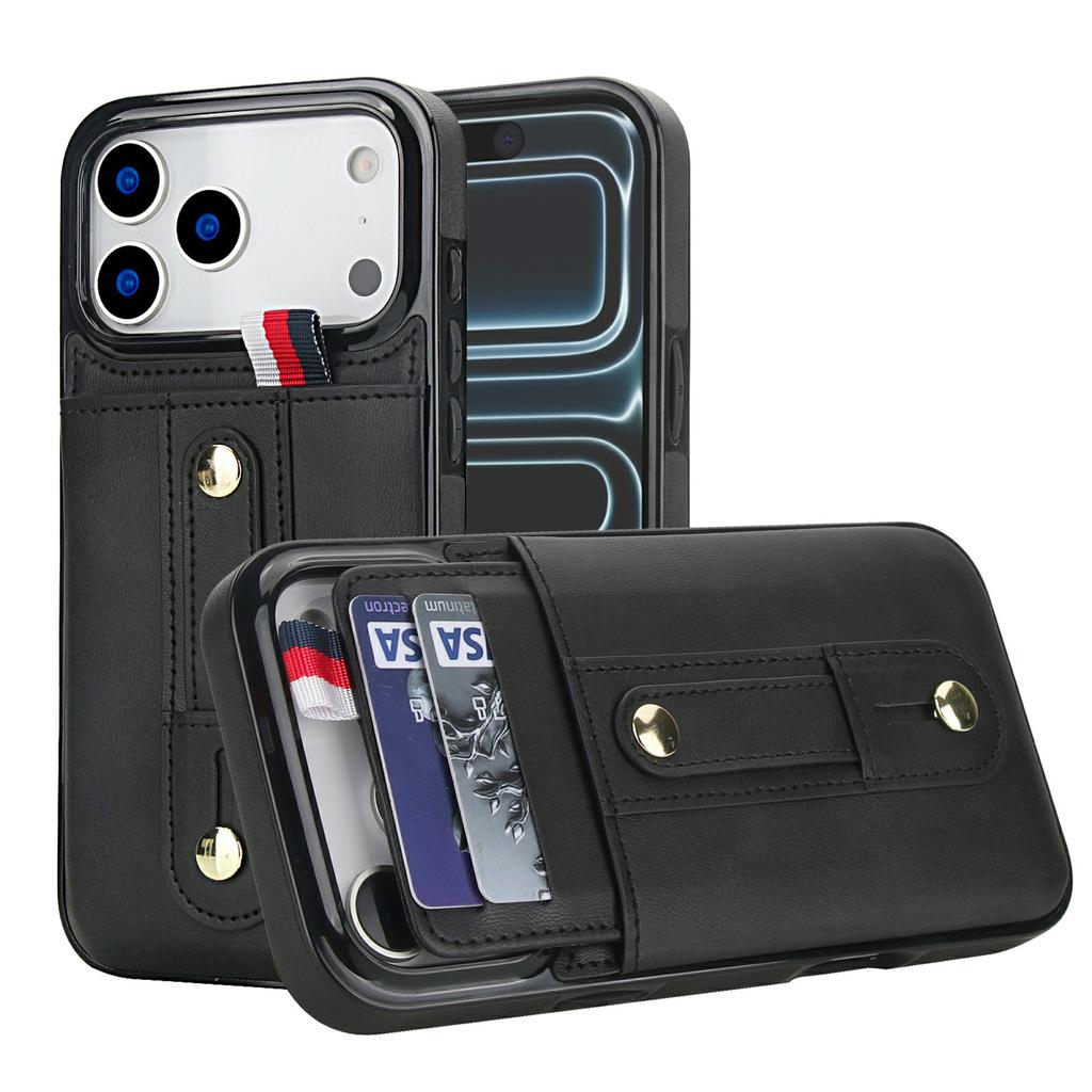 For iPhone 17 Pro Case PU Leather+TPU Hidden Card Holder Drop-proof Phone Cover with Kickstand