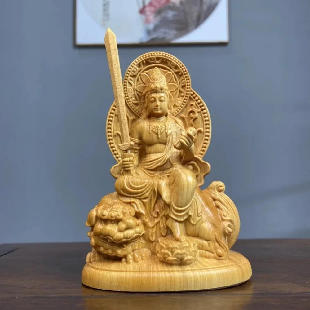 Cliff Cypress Wood Carving Manjusri Samantabhadra Bodhisattva Ornament Solid Wood Carving Crafts Home Furnishings Decoration