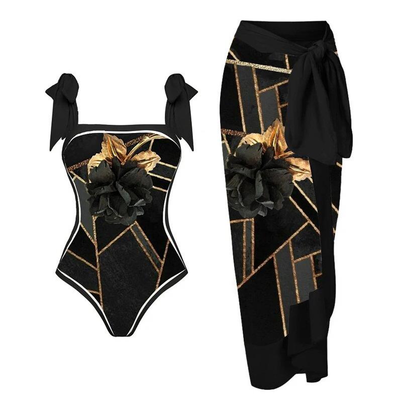 New Double-Sided European & American Chiffon Print Swimsuit Set: Women's One-Piece with Conservative Wrap Skirt