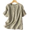 Baumwoll-Leinen-Bluse, Sommer, Retro, lässig, einfarbig, Oberteil für Damen, kurzärmelig, Rundhalsausschnitt