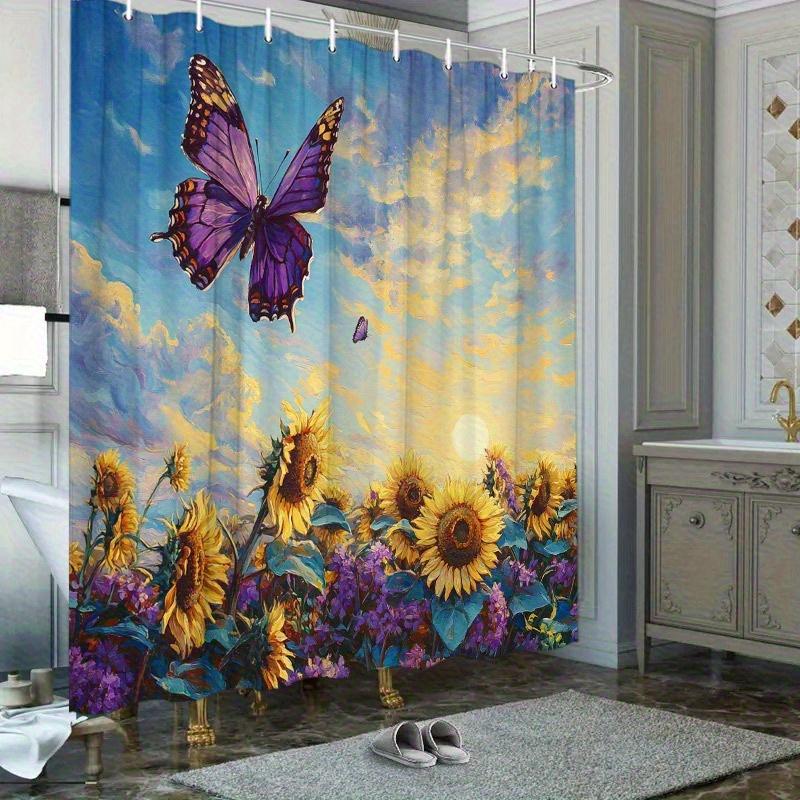 1pc Serene Sunflower Sunset Shower Curtain with Purple Butterfly & Sunflowers Design - 70.8x70.8 Inch Large Bath Curtain