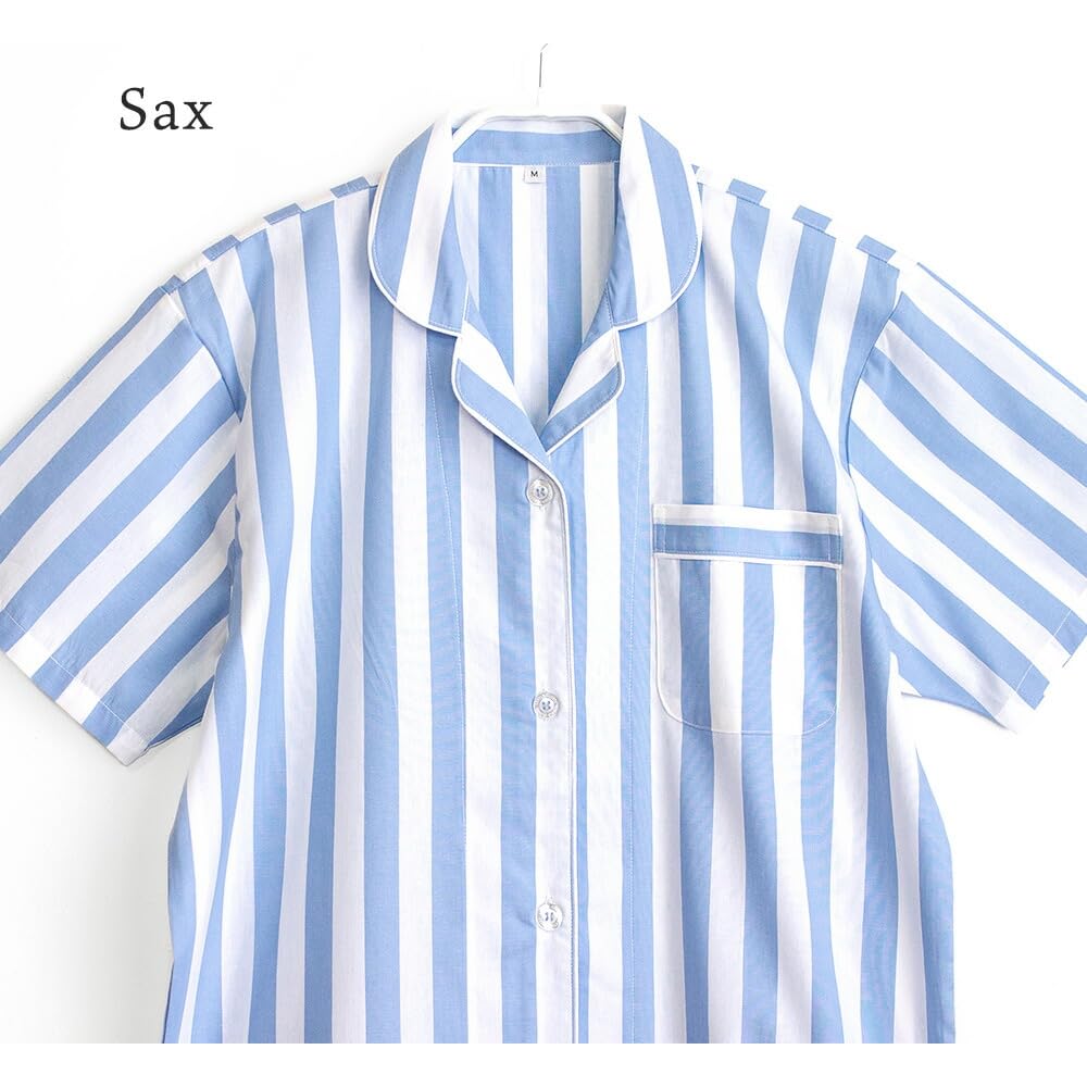 Cotton Pajama Soft and Short Size Summer Women's 100% Set, Comfortable, Sleeve, Striped, Breathable, Navy, M,
