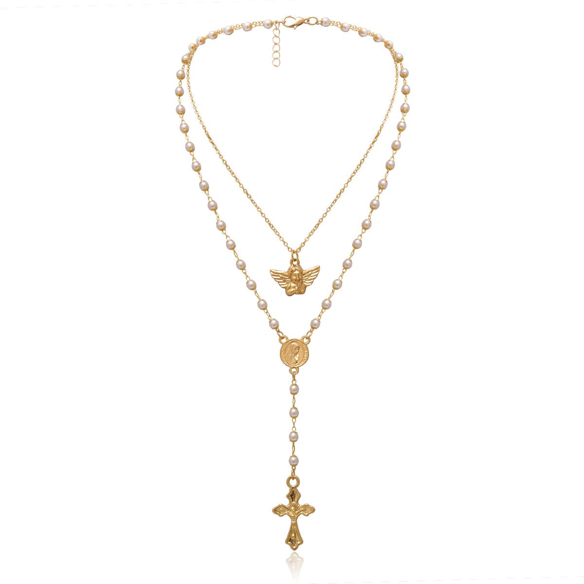 Vintage Little Angel Geometric Necklace With A Pearl Inspired Y-shaped Cross And Tassel Necklace