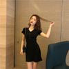 Korean Style Temperament V Neck Slim Short Sleeve Dress for Women Summer A Line Skirt Slimming Knitted Short Dress