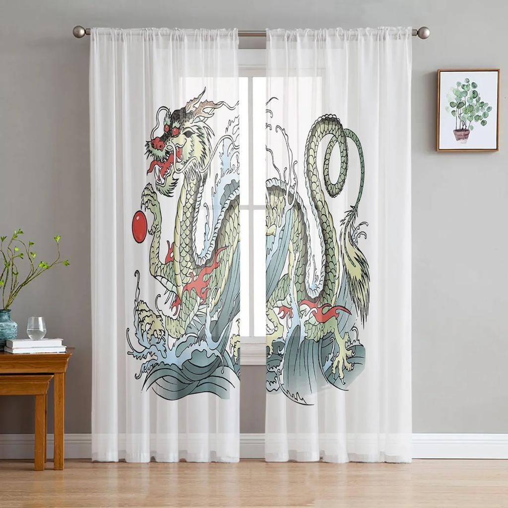 Asian Red Angry Dragon Chiffon Sheer Curtains for Living Room Bedroom Home Decoration Window Voiles Tulle Drapes Curtain