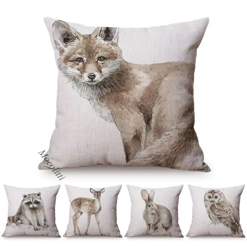 Monika Chen Unisex Brown Water Color Animal Cute Rabbit Sika Deer Kid's Room Sofa Decorative Cushion Cover Fox Owl Cotton Linen Throw Pillow Case