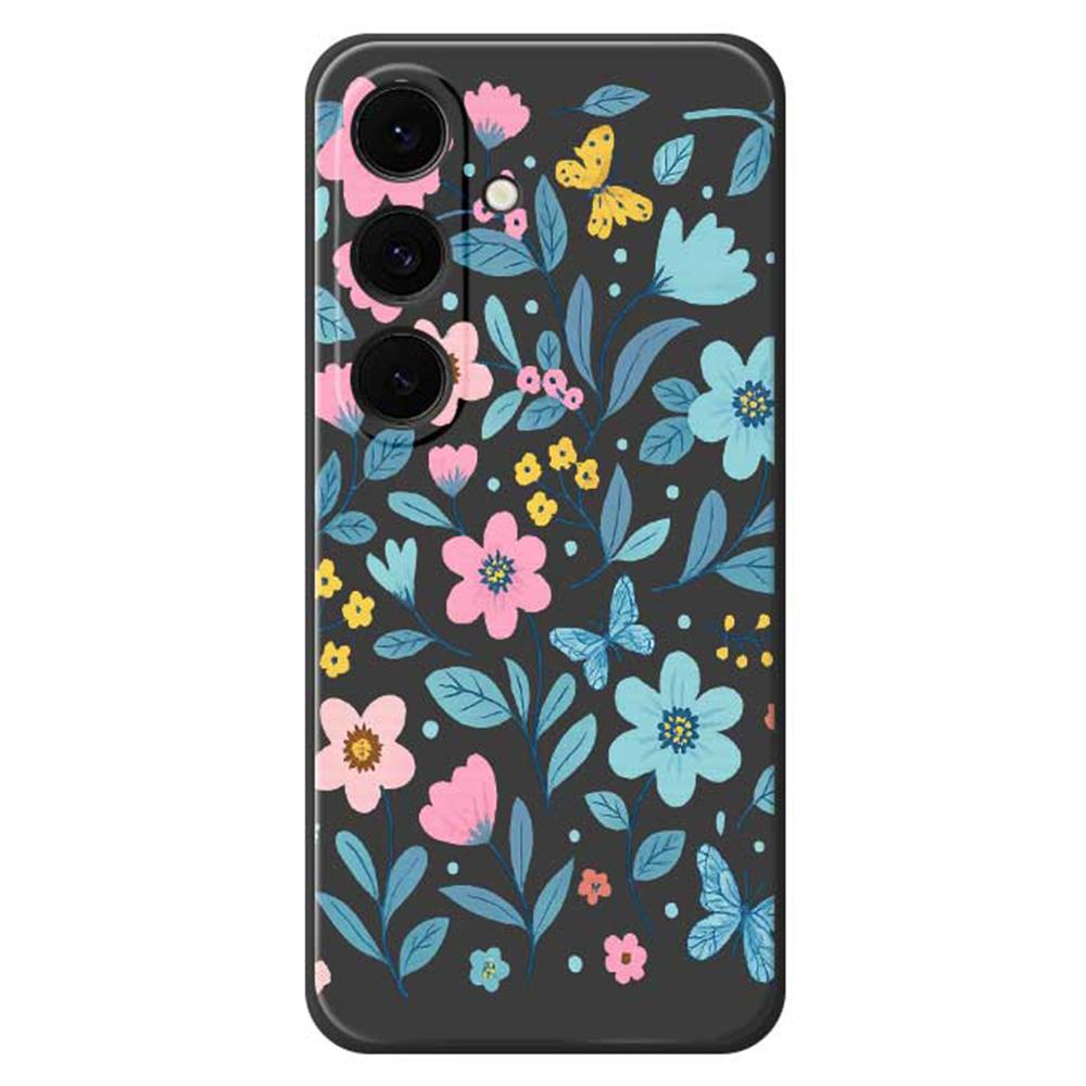 For Samsung Galaxy S25 FE Case Blue Pink Flowers Pattern Printing Straight Edge TPU Phone Back Cover