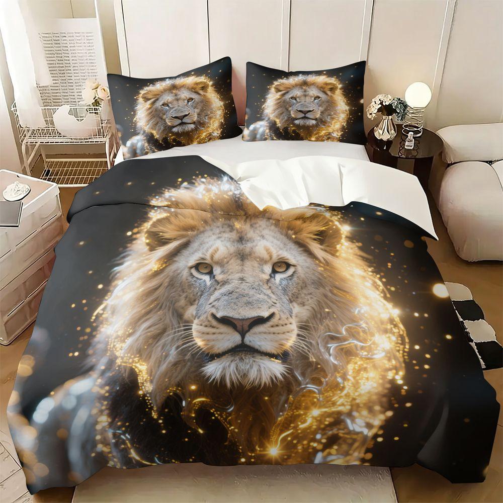 Golden Lion Print Duvet Cover Set(1 Duvet Cover & 1/2 Pillowcase) Luxury 3D Animal Bedding Set For Bedroom Decor