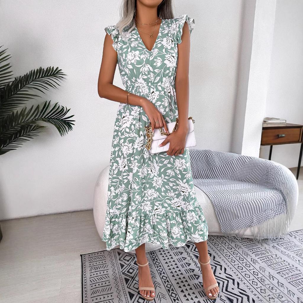 Women Casual Floral Elastic Waist Ruffled Vacation A Line Long Chiffon Dress