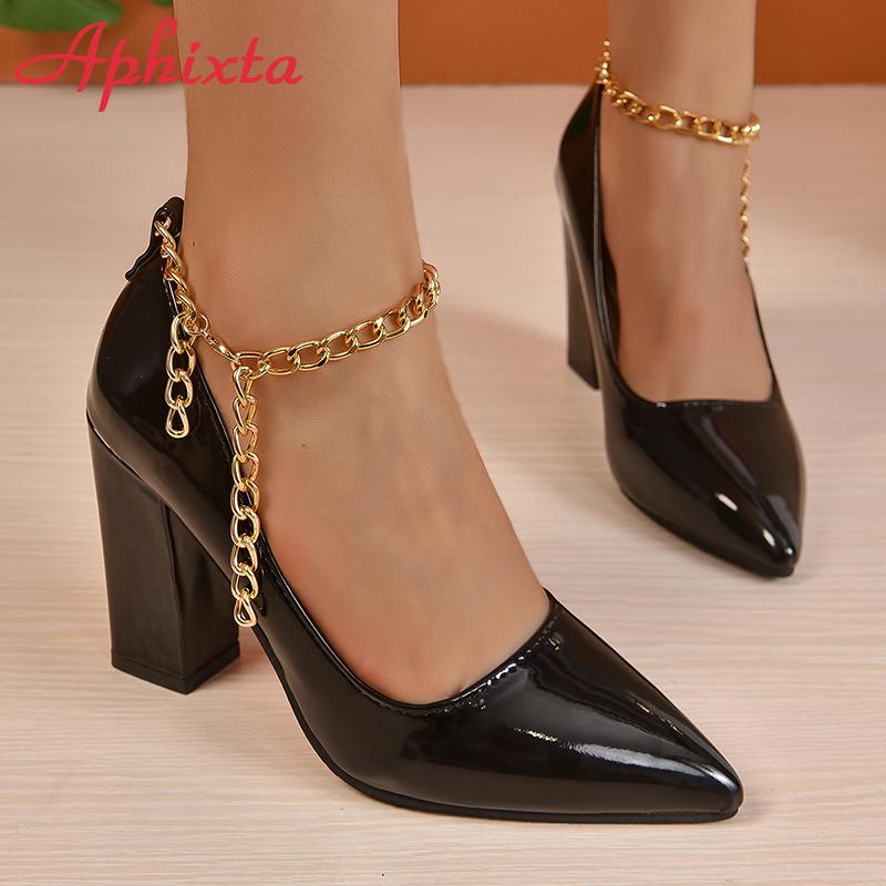 Fashion Aphixta Hot Sale Sexy Super High Heel 10cm Square Heels Pumps Women Gold Metal Chain Ankle Strap Shoes Pointed Toe Big Size50 53