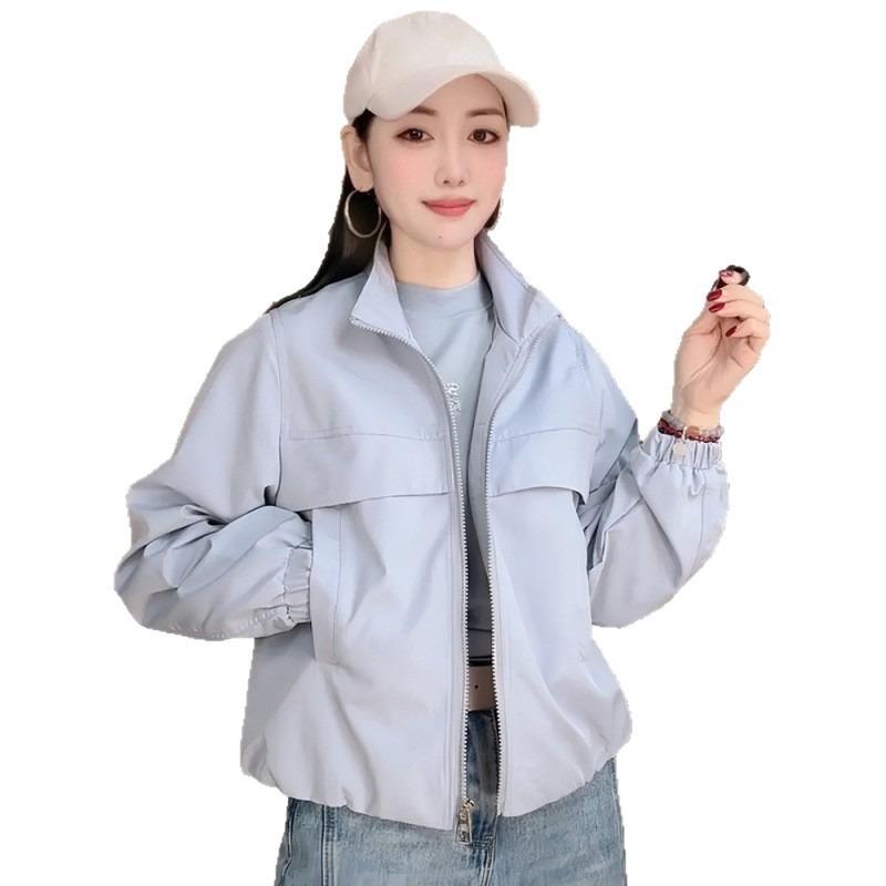 Women Solid Color Short Windbreaker Jacket Long Sleeve Turn Down Collar Zip Up Casual