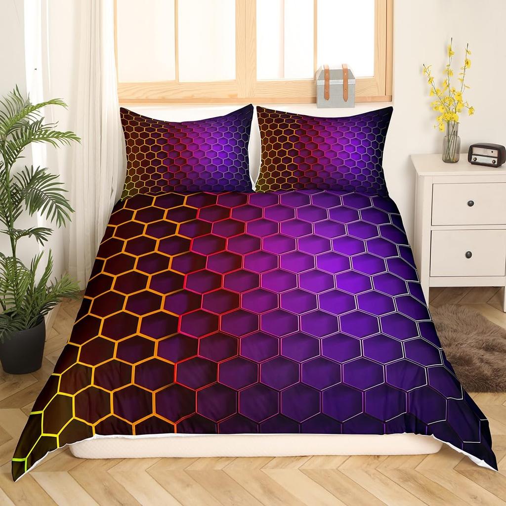 Geometry Hexagon Duvet Cover Navy Blue Comforter Cover Watercolor Honeycomb Abstract Tie Dye Bedding Set Microfiber Quilt Cover