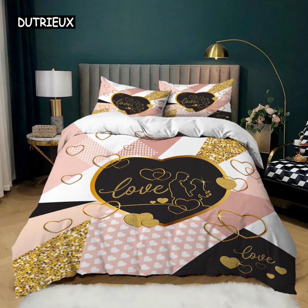 Love Heart Duvet Cover Set Pink Love Heart Bedding Set Valentine's Day Gift Girl Bedroom Microfiber Queen King Size Quilt Cover