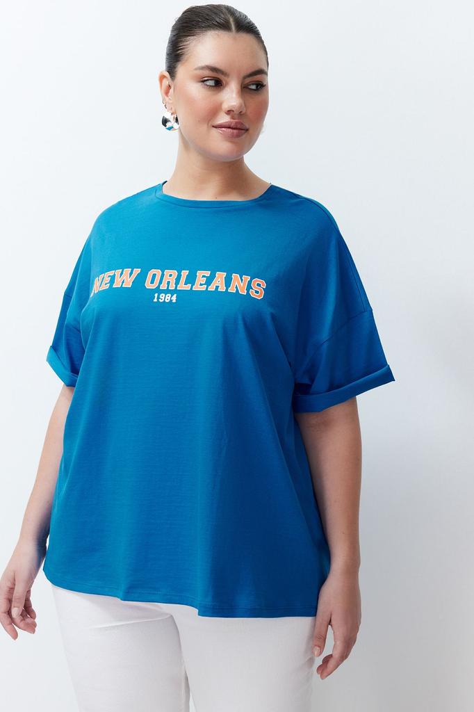 Damski Styl Plus Size Szary Melanżowy Drukowany Oversize Dzianinowy T-shirt