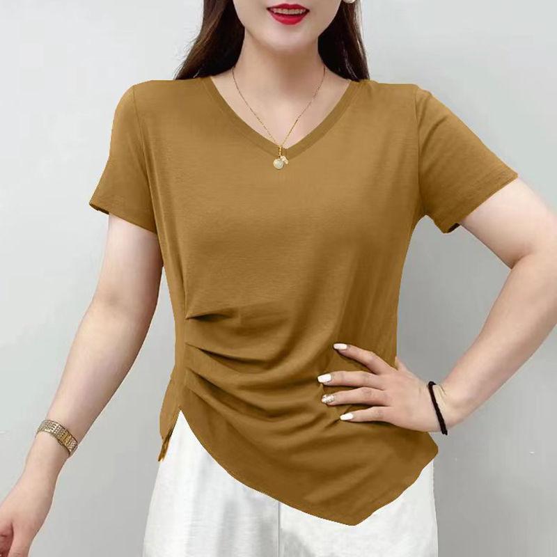Summer New Elegant Fashion V-neck Short Sleeved T-shirt Women's Solid Asymmetric Patchwork Slim Versatile Folds Pure Cotton Top