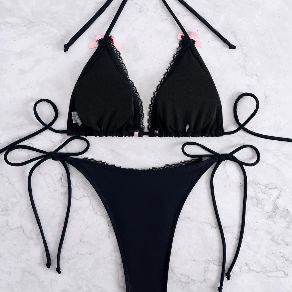 Women's Two Piece Swimsuit Sexy Lace Trimmed Bikini with Tie Up Bows 0898