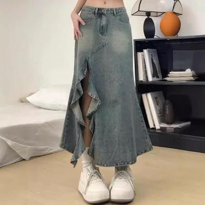 Women's Retro High-Waist Denim Fishtail Skirt - Large, A-Line, Summer