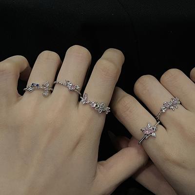 Pink Series Ring Zircon Super Flash Simple Small Fresh Premium Index Finger Ring Bow Opening Adjustable Ring