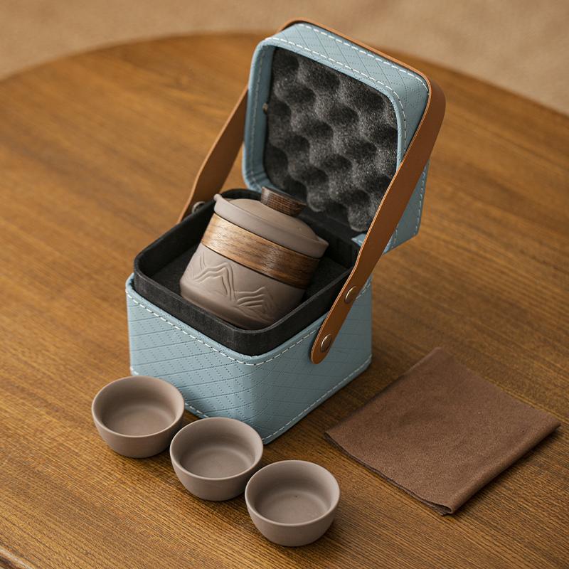 Chinese Style Purple Sand Portable Quick Cup One Pot Fills Three Cups Travel Tea Set Suit Outdoor Teapot Storage Bag